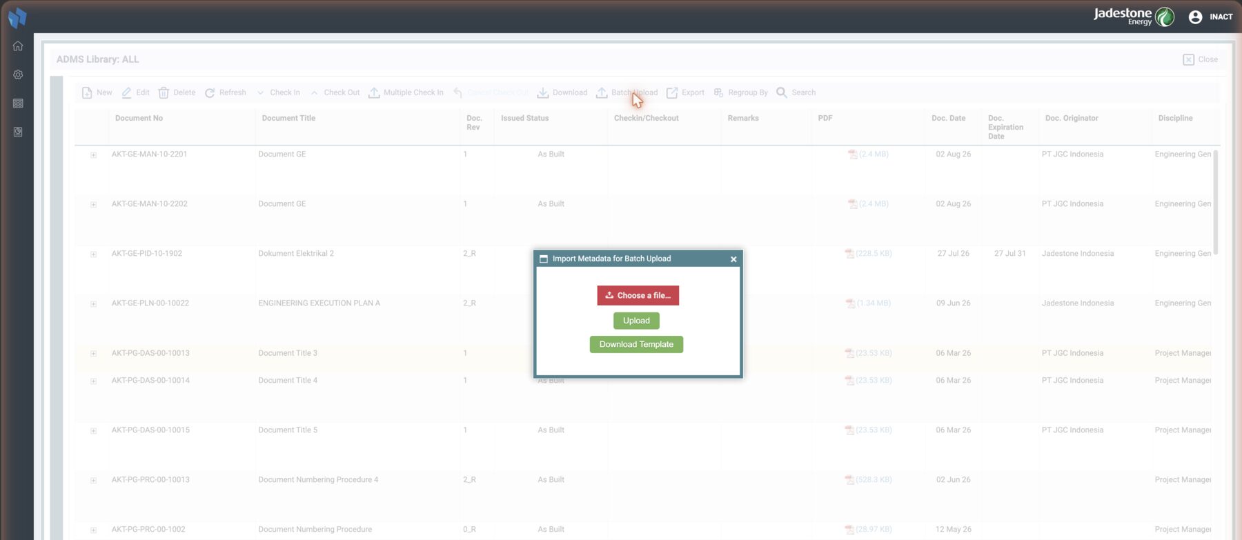 Batch Upload: download the metadata template, fill it, upload it