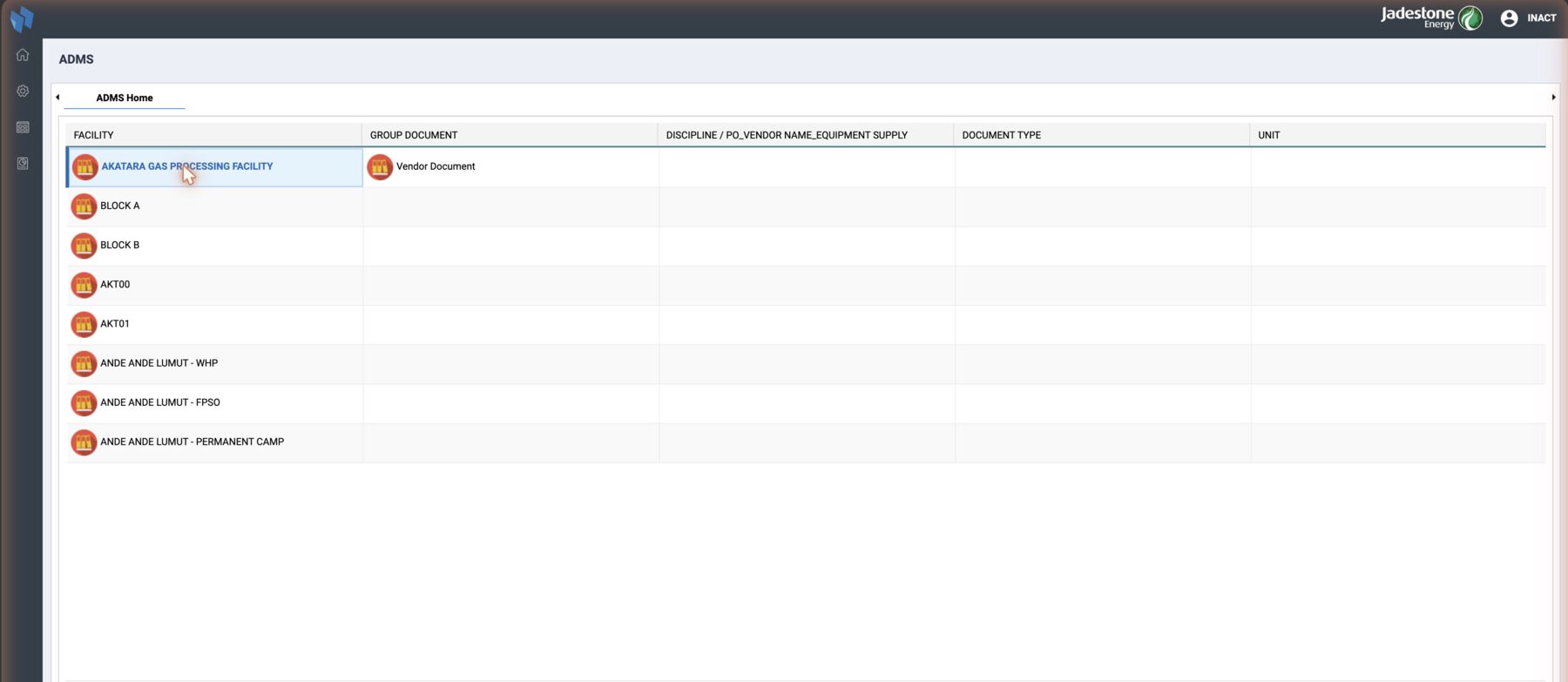 Drilling down: picking a facility fills the next column with the values tagged under it