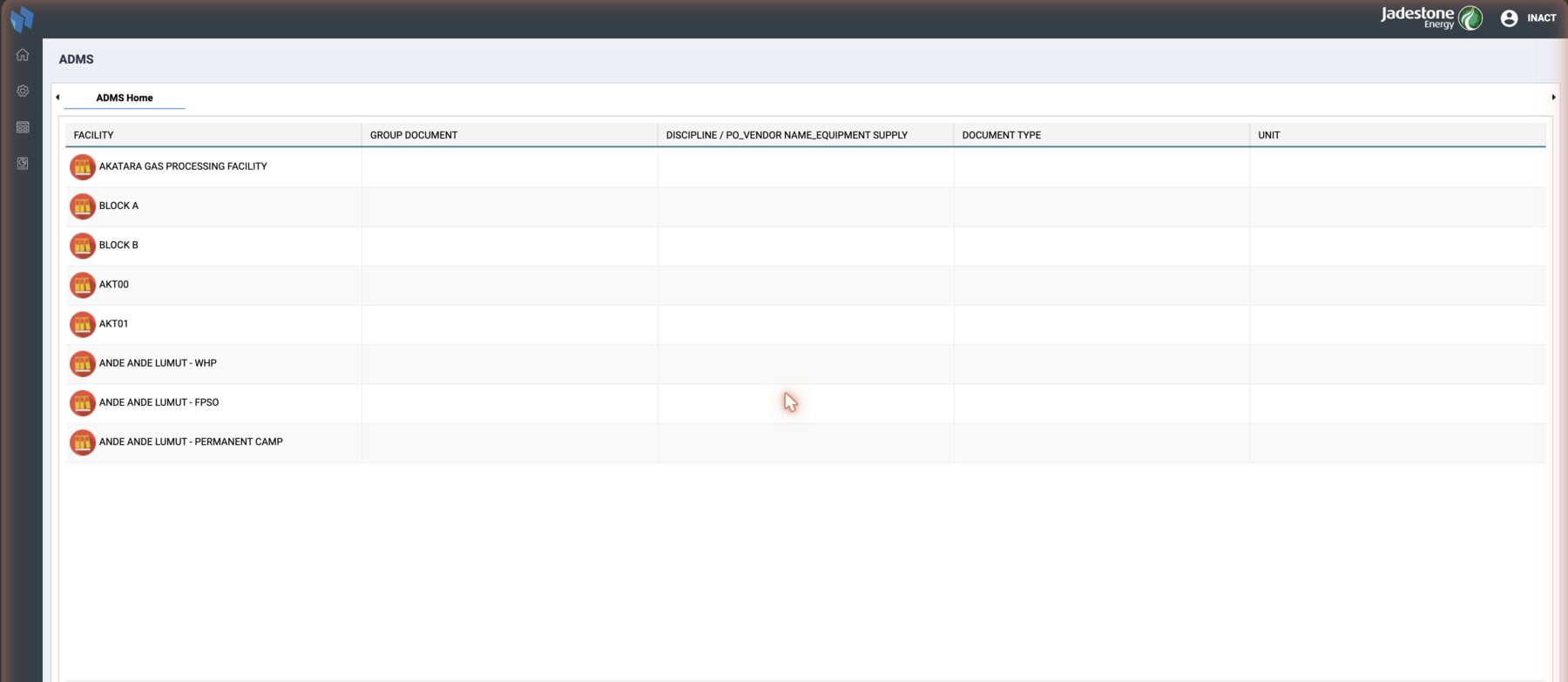 ADMS Home on Jadestone: one column per asset level, FACILITY to UNIT, and Search, Show All and Submit at the bottom