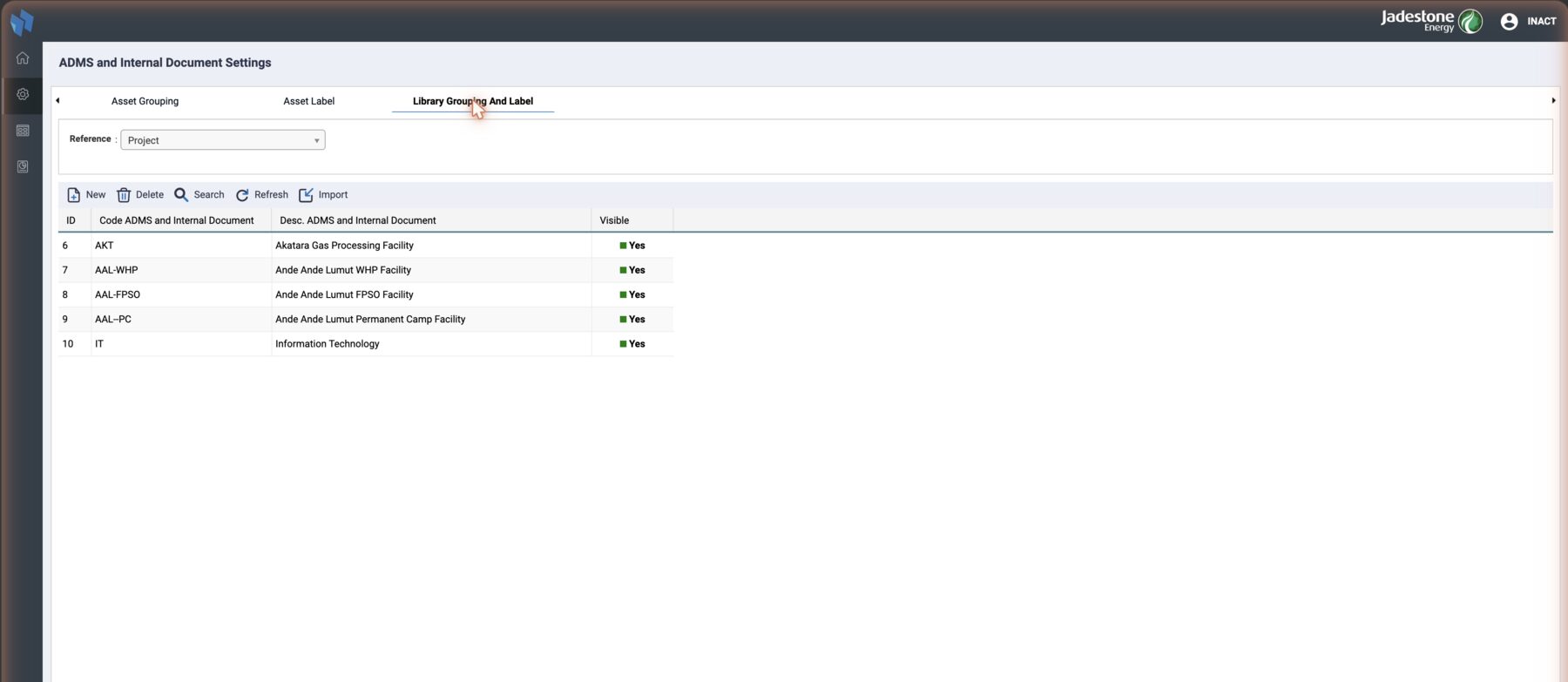 Library Grouping And Label: the ADMS reference lists, here the projects