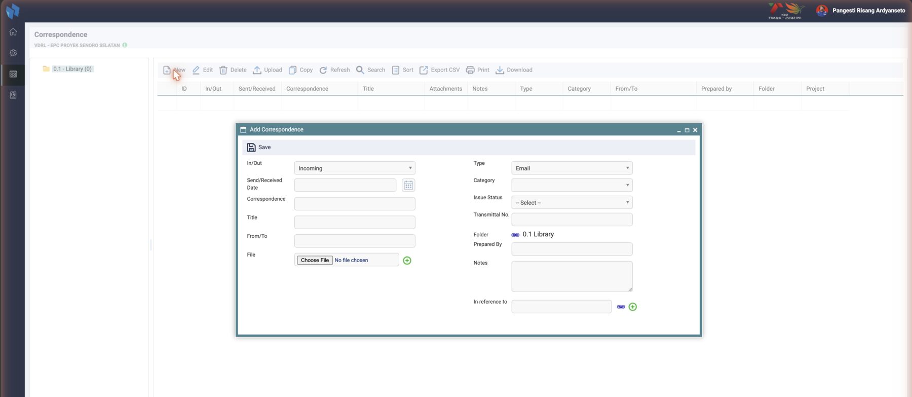 Add Correspondence: In/Out, the sent or received date, the number, title, From/To and files on the left; type, category, issue status, transmittal number, folder, prepared by, notes and the reference to another letter on the right