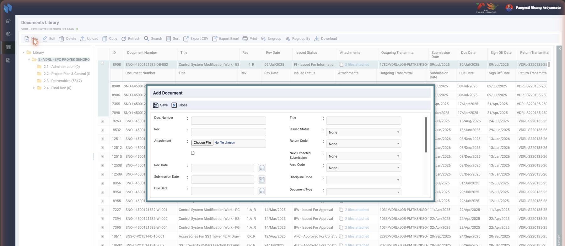 Add Document: number, revision, attachment, dates and transmittal numbers on the left; title, issued status, return code, next expected submission, area, discipline and document type on the right