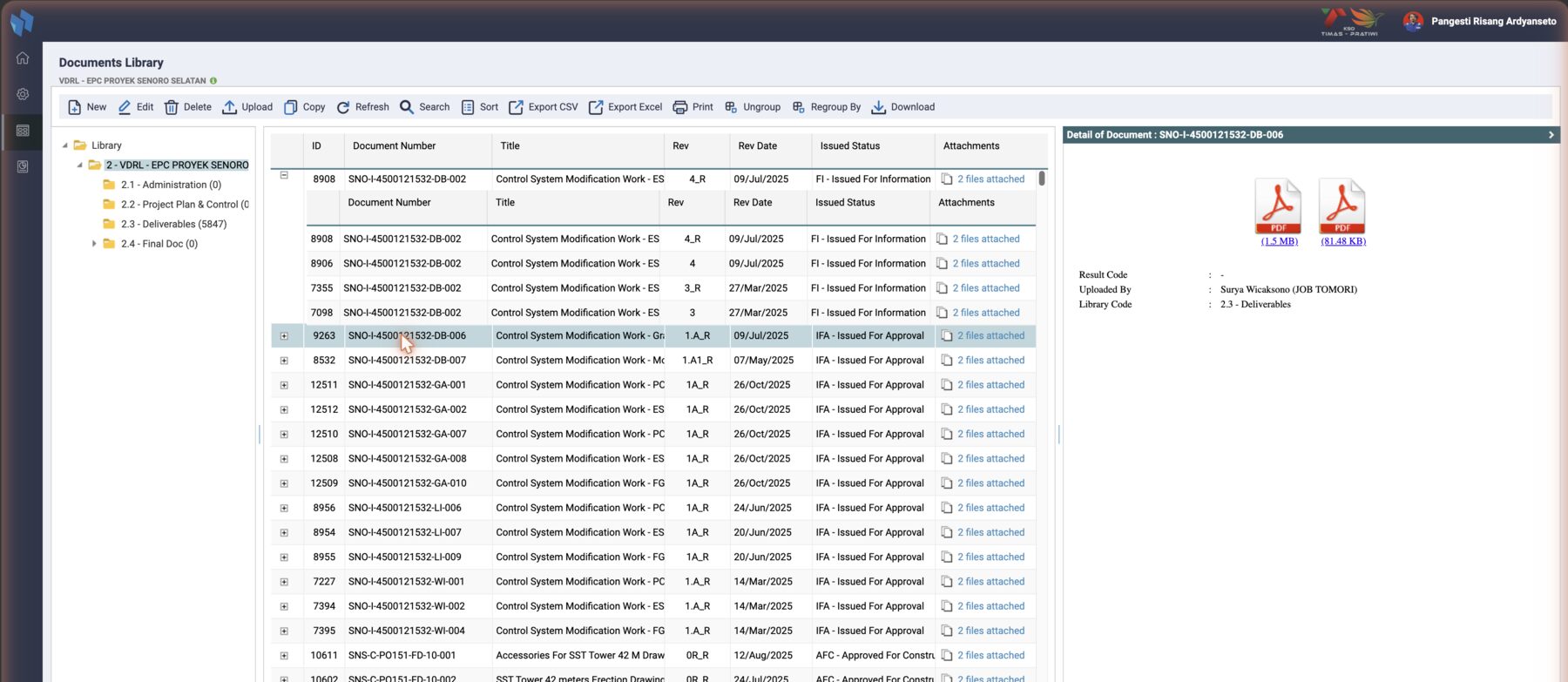Detail of Document after a click on a row: the files, the return code, who uploaded it and the folder