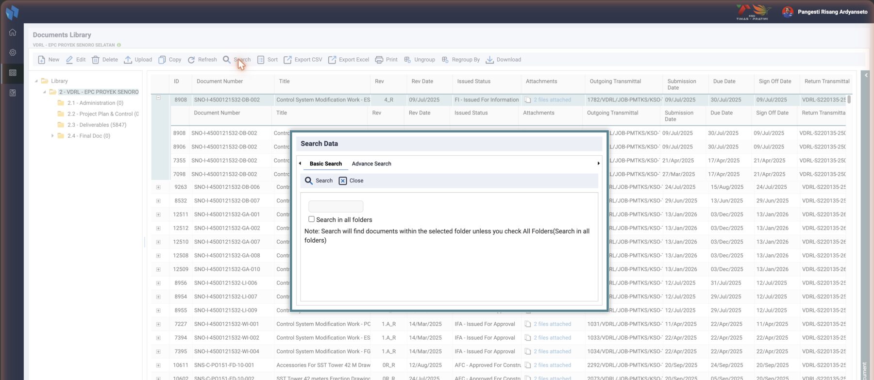 Search Data: basic search on number and title, or the advanced tab with field, operator and value