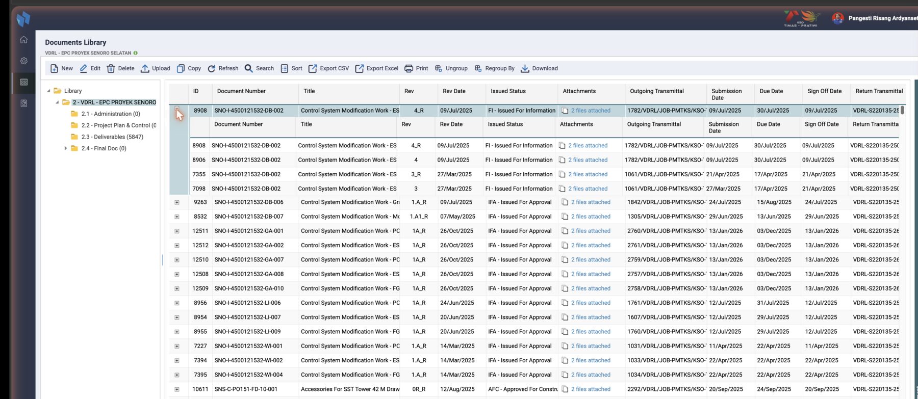 The revision sub-grid under one document: revisions 4_R, 4, 3_R and 3 with their transmittals and dates