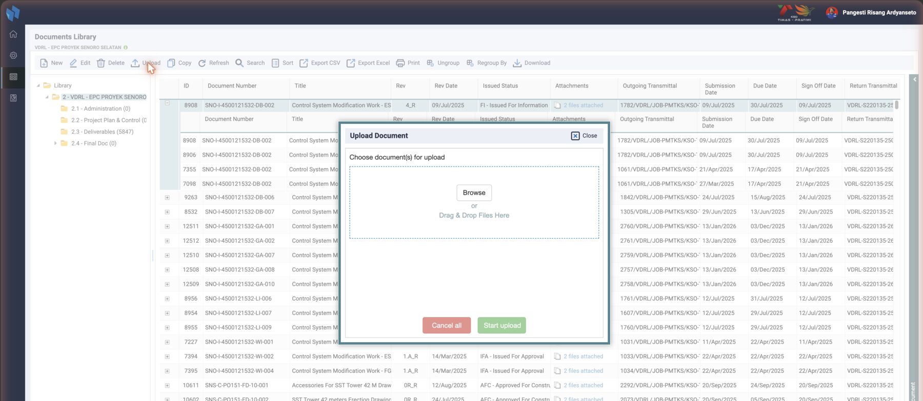 Upload Document: files for the selected document, then Start upload