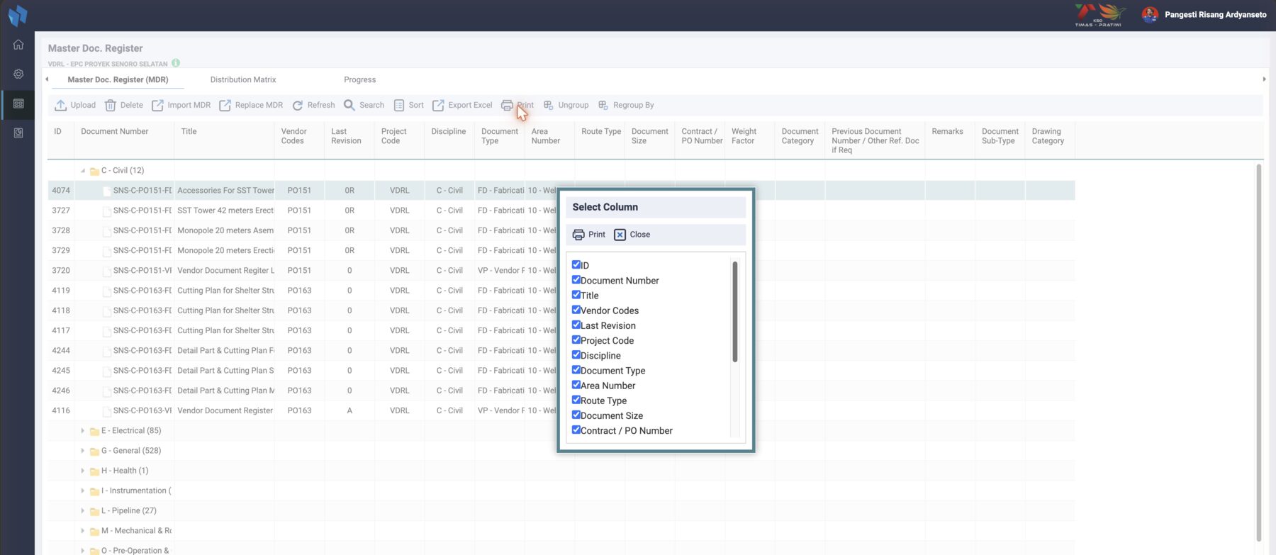 Print: tick the columns, then the grid prints as a table