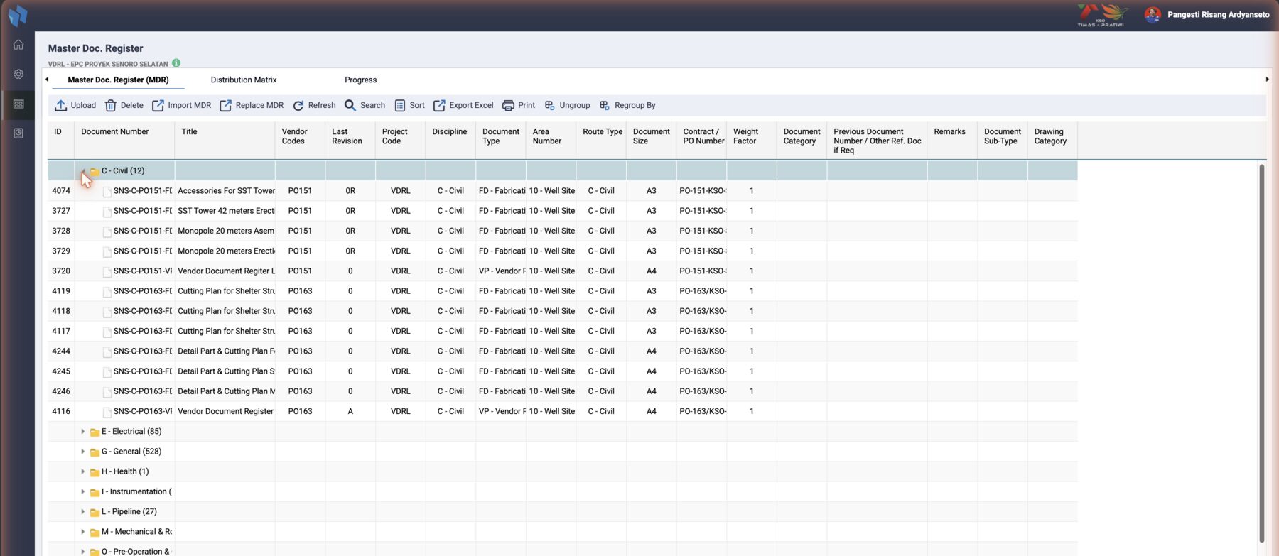 The Civil group opened: one row per MDR entry, with the template columns of the project