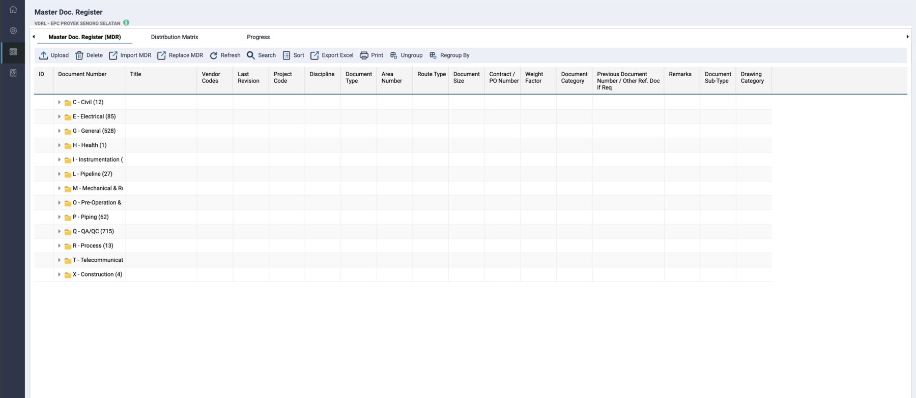 Master Doc. Register: the project in the header, three tabs, the toolbar and the grid grouped by discipline