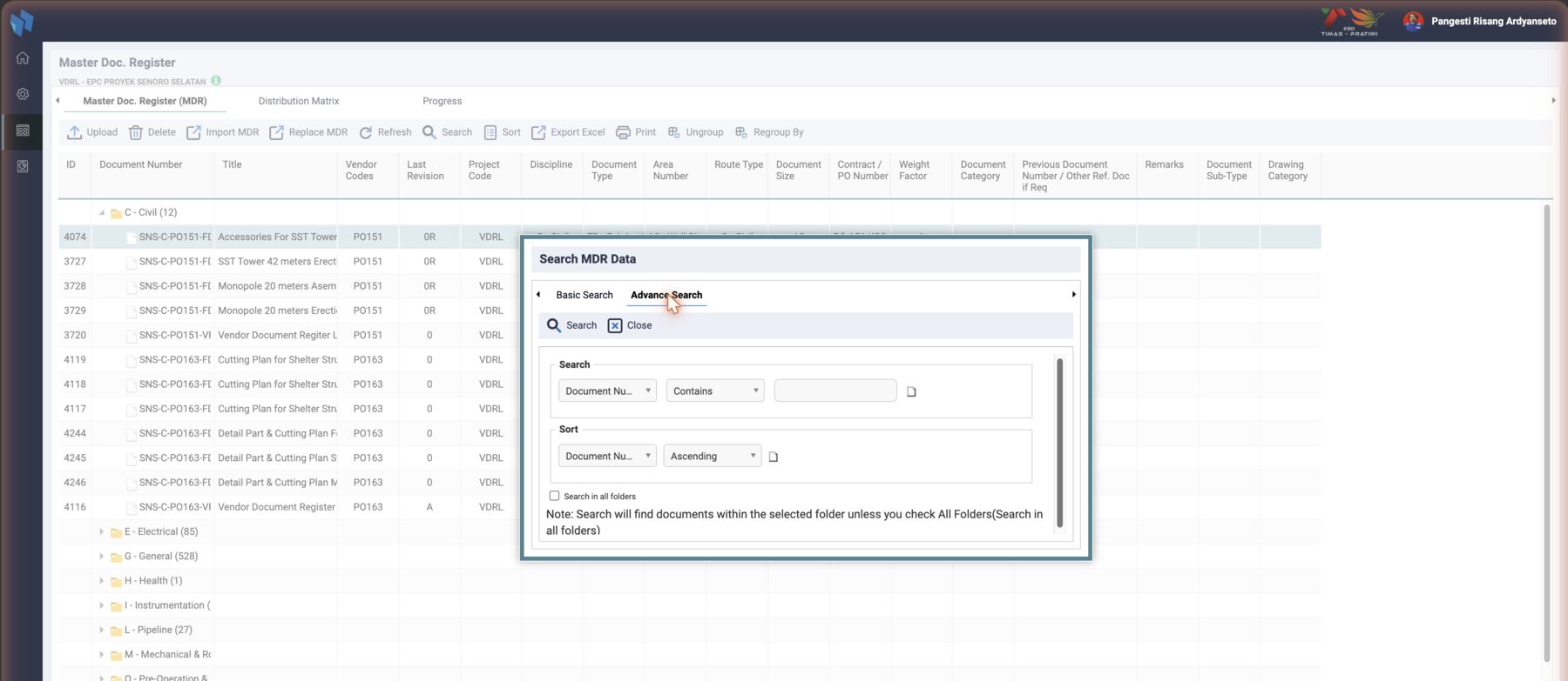 Search, advanced tab: field, operator, value, and a sort