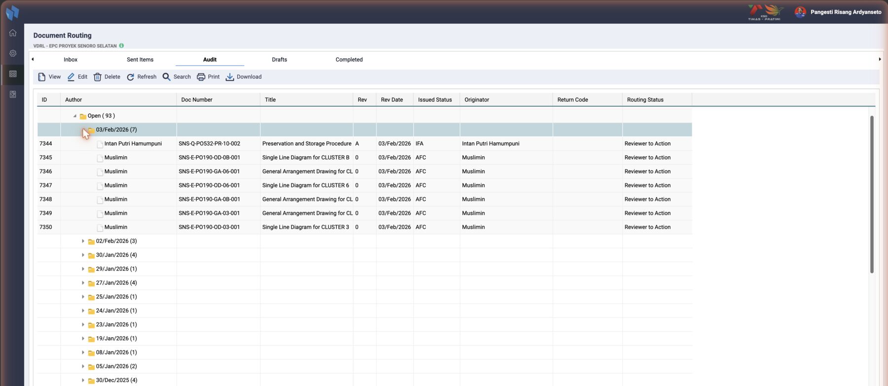 Audit: every routing of the project, grouped by project, state and date