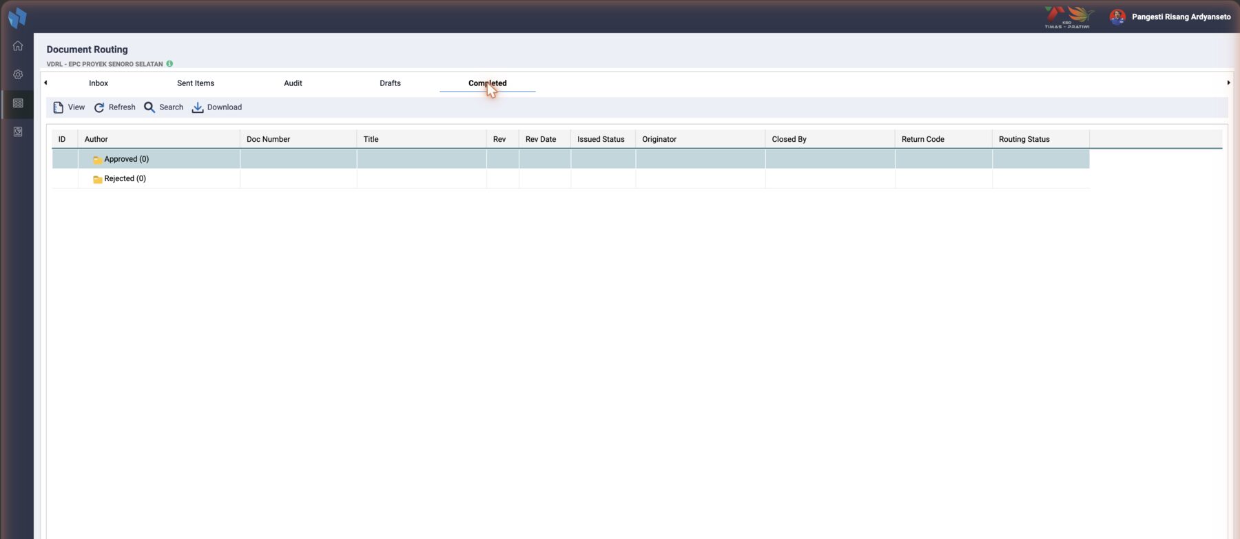 Completed: Approved and Rejected, with the person who closed each routing