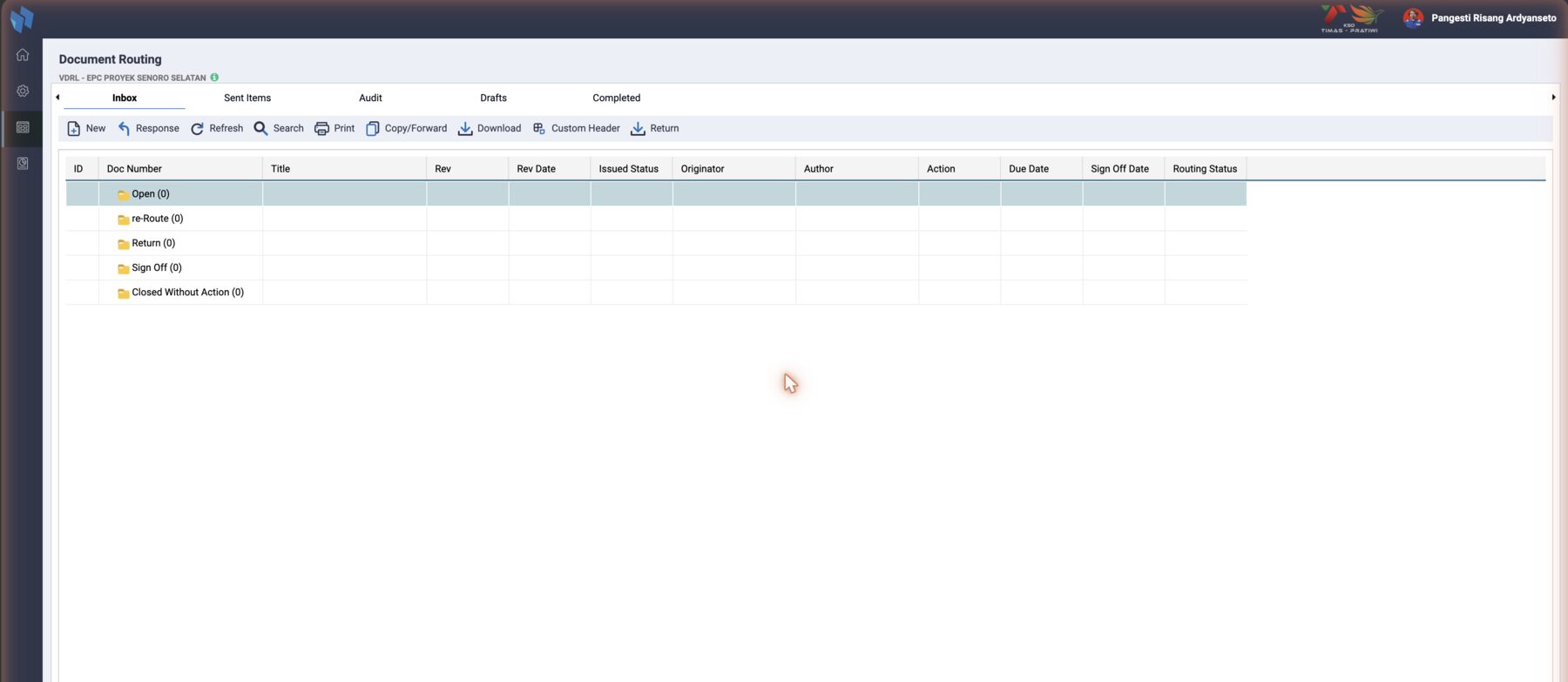 Document Routing, Inbox tab: the routings waiting for this user, grouped by the action they have taken