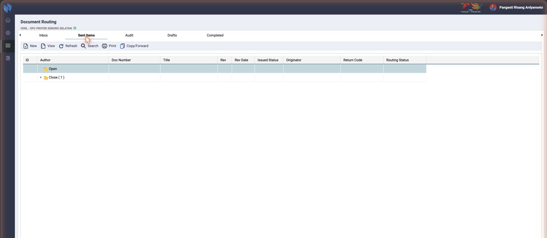 Sent Items: the user's own routings, Open and Close