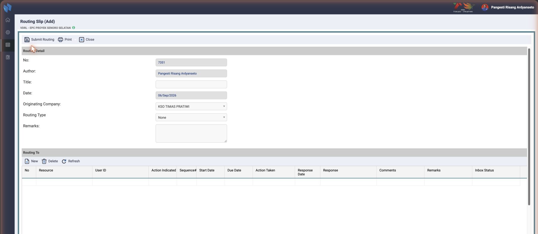 Routing Slip (Add): the draft exists as soon as the form opens; Submit Routing sends sequence 1