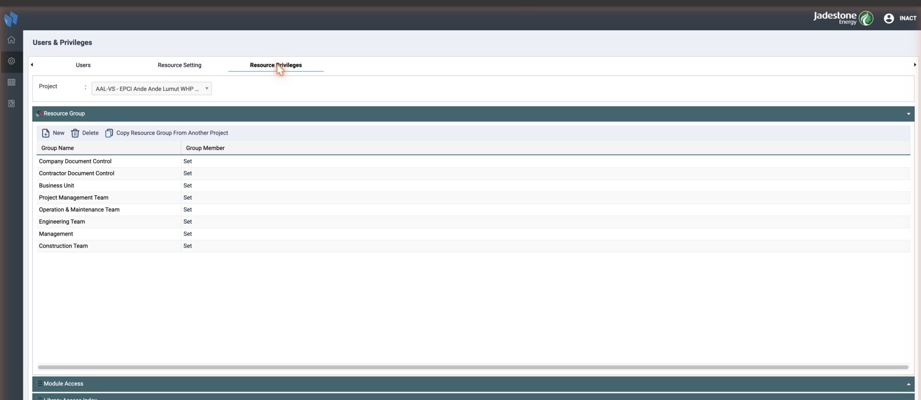 Users & Privileges, Resource Privileges tab on Jadestone: the Resource Group panel lists the groups of the selected project, and Set opens the member window