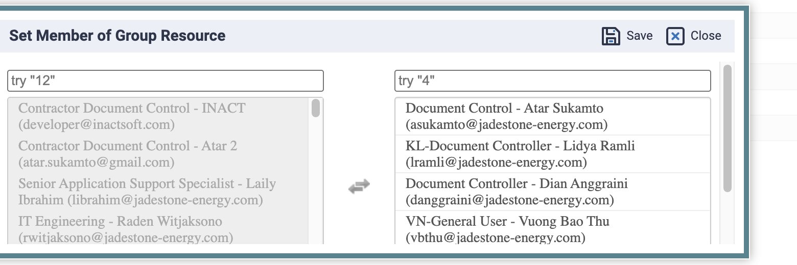 Set Member of Group Resource on Jadestone after INA27-244: every option reads Resource Name - Person Name (person_id); greyed rows already belong to another group